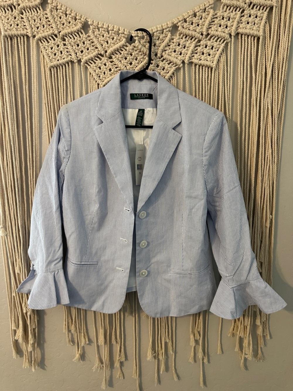 Ralph Lauren Light Blue and White Striped Blazer with Ruffle Cuffs